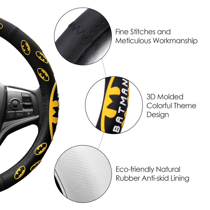 Finex Silicone 3D Molded Design - Batman Superhero Auto Car Steering Wheel Cover - Black - Universal Fit - Image 3